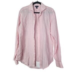 NEW Lands End M Baird McNutt Irish Linen Pink Gingham Long Sleeve Button Shirt
